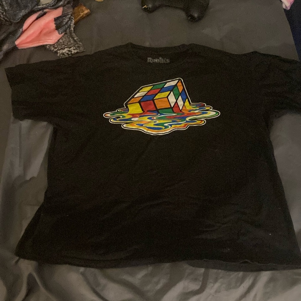 Black T-Shirt with Melting Rubik’s Cube Design